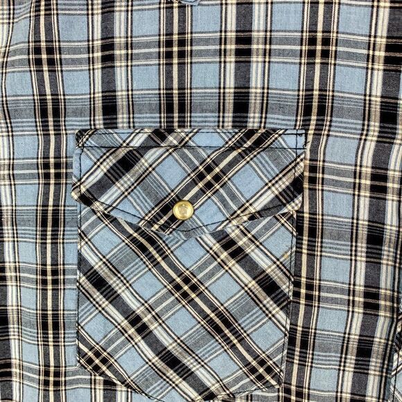 Rustler Western Shirt Mens Large X Long Tails Blue Plaid Pearl Snap Cowboy Ranch - Picture 4 of 11